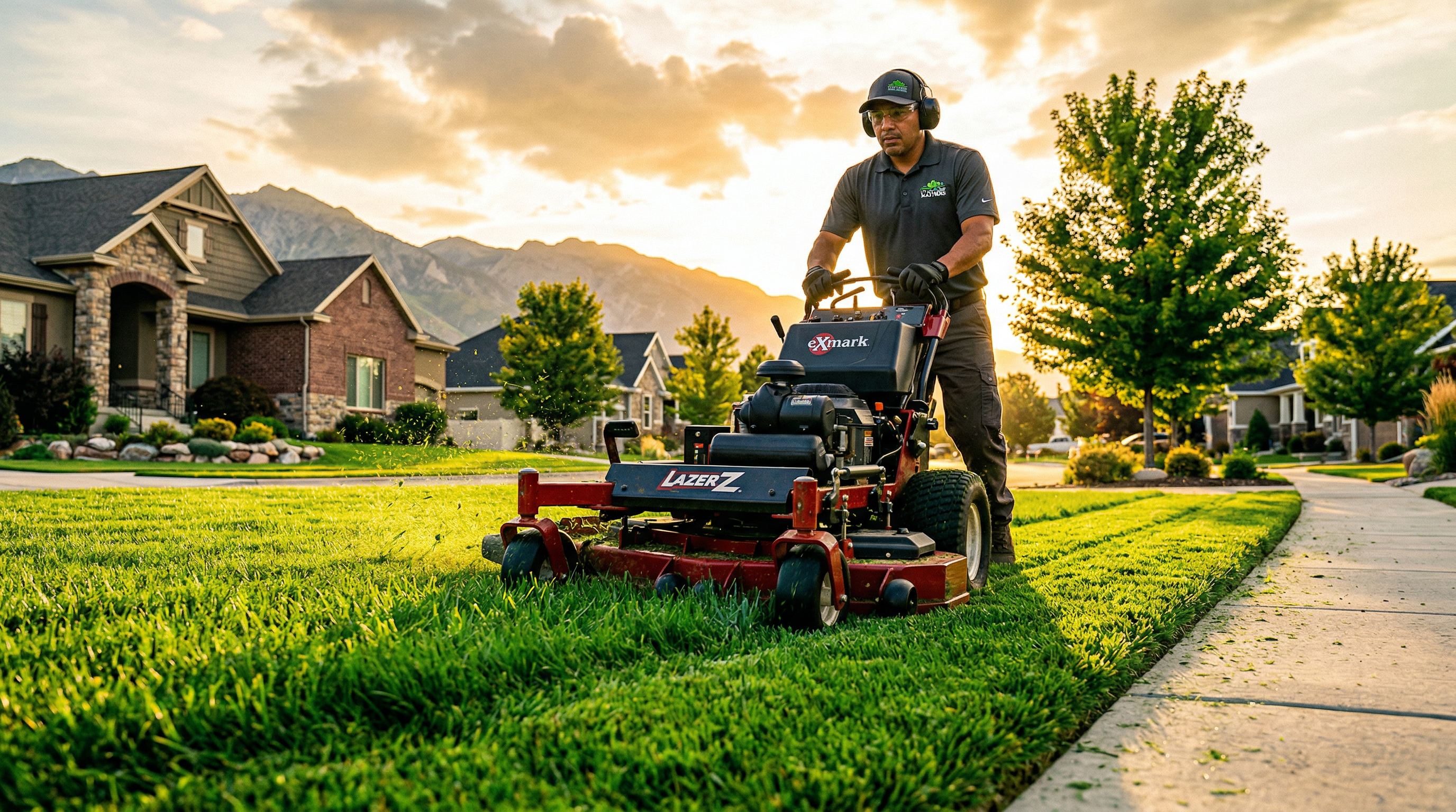 Professional lawn care worker mowing a lush green Utah lawn at golden hour